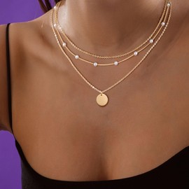 COSHILTA Gold Layered Necklaces for Women, Dainty 14K Gold Plated Circle Pendant Necklace Simple Disc Pearl Necklace Long Stack Set for Women Trendy Jewelry Gift