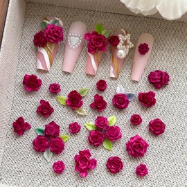3D Rose Red Flower Nail Charms Luminous Camellias Roses Nail Art Charms Soft Carved Leaf Flower Charms for Nails Design 50pcs Flowers 50pcs Leaves Cute Floral Resin Accessories for Manicure Decor