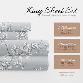 Linen Market Double-Brushed Patterned Microfiber King Sheet Set 4 Piece – Oeko-TEX Certified Ultra Soft & Wrinkle-Free - 16" Deep Pocket Sheets - Easy Care King Size - Trellis Vine Light Gray