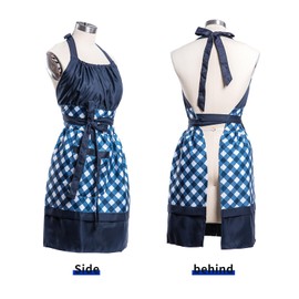 Alex Virtue Lovely Flower Pattern Retro Aprons With Large Pockets for Women Girls Cooking Kitchen Bakery Mother's Gift, Blue Plaid, 28.5 inch x 26.4 inch