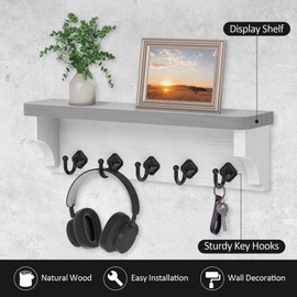 Nekon Key Holder for Wall, 11.8" x 3.5" x 2.8" Decorative Key Organizer with Floating Shelf, Wall Mount Key Rack with 5 Hooks (Gray)