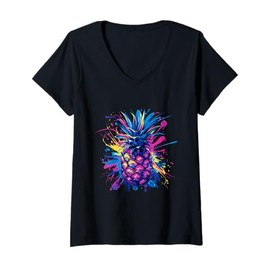 Womens Colorful Hawaii Summer Colorsplash Pineapple V-Neck T-Shirt