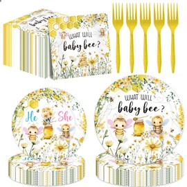 Hokinaa What Will It Bee Decorations - 96 Pcs Bee Bumble Themed He or She Gender Reveal Tableware, Disposable Paper Plates Napkins Forks, A Little Honey is on The Way Baby Shower Party Supplies Decor