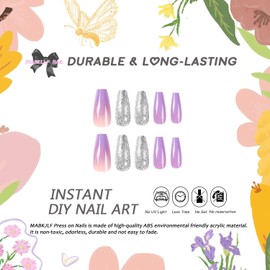 Press on Nails Medium Coffin MABKJLF Ombre French Fake Nails Pink Full Cover Pink White False Nails with Designs Glossy Glue on Nails Acrylic Nails Artificial Nails for Women Girls 24Pcs