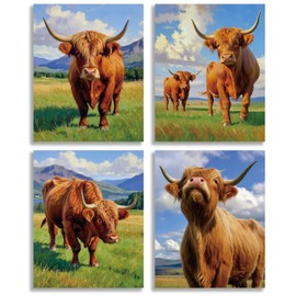 ERTOSKA Highland Cow Wall Art, 4-Piece Rustic Farm Landscape Animal Cattle Canvas Prints, Vintage Farmhouse Decor, 8x10 Inch Unframed