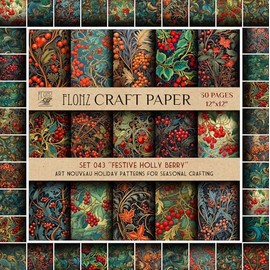 Scrapbook Paper (30 Pages 12"x12") Festive Holly Berry: Art Nouveau Holiday Patterns for Seasonal Crafting FLONZ Vintage Styled Double Sided Paper Pad for Craft Cardmaking