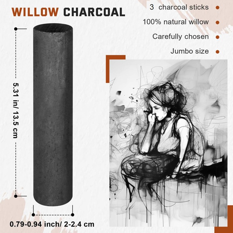 Gueevin 10 Pcs Jumbo Willow Charcoal Sticks 0.79-0.94 Inch Large