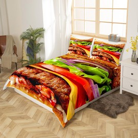 Homemissing Hamburgers Comforter Cover Giant Funny Food Bedding Set for Kids Toddler Novelty Weird Duvet Cover Realistic Food Bedspread Cover Decor Quilt Cover Single