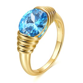 AllenCOCO Gold Ring for Women Trendy Blue Gemstone Chunky Ring 18k Gold Plated Band Ring Signet Statement Ring
