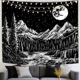 Alened Black and White Tapestry for Bedroom, Starry Night Mountain Tapestries Aesthetic Moon and Stars Tapastry's Wall Hanging Dark Nature Forest Wall Tapestry for Living Room Dorm (51'' × 60'')