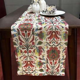 American Floral Jacquard Table Runner, Double Layer Reversible Fabric, Vintage Home Decor Dining Room Kitchen Cafe, 12 x 76 inches