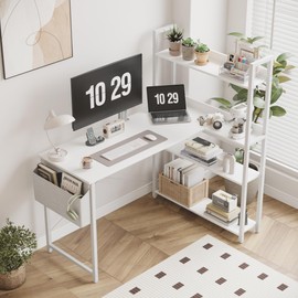 Treesland 47 Inch Computer Desk with Bookshelf, Corner Desk with Storage, L Shaped Desk, Home Office Desks, Writing Study Desk for Bedroom, White
