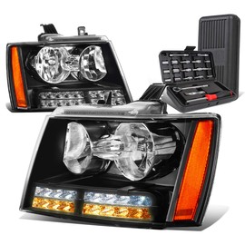 Auto Dynasty LED DRL Signal Black Housing Amber Corner Headlight Lamps+Tool Kit Compatible with Chevy Avalanche Tahoe Suburban 07-14