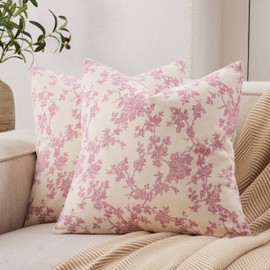 YZJZEDS 100% Cotton French Pastoral Throw Pillow Covers Set of 2, 22x22 Inch Pink Farmhouse Decorative Cushion Covers for Sofa Bed Living Room Home Decor
