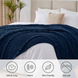 BEDELITE Blankets Queen Size for Bed, 300GSM Soft & Warm Fleece Blanket, Decorative and Giftable Striped Navy Blankets for Women, Men, 90"x90"