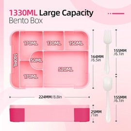 Lylilidy Bento Lunch Box 1330ML, Kids Lunch Box with 6 Compartments Cutlery & Cute Forks, Leak Proof Lunchbox Snack Boxes for Kids Adult Boys & Girls School Kindergarten (Pink)