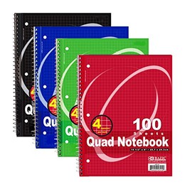 4/pack Quad-ruled Spiral Notebook 10-1/2 X 8 Inches, Assorted Colors, 100 Count each book