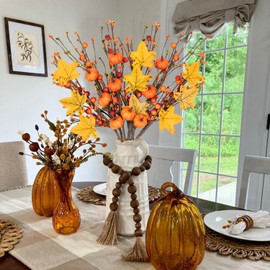 Mutcolor 6 Pcs Fall Floral Picks Artificial Fall Flowers Berry Long Stems with Pumpkins and Maple Leaves for Fall Floral Arrangement Indoor Vase Home Table Centerpiece DIY Decorations (Orange)