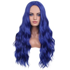 BERON Blue Wig Long Curly Wig Long Dark Blue Wavy Wigs for Women Synthetic Wigs for Daily Party