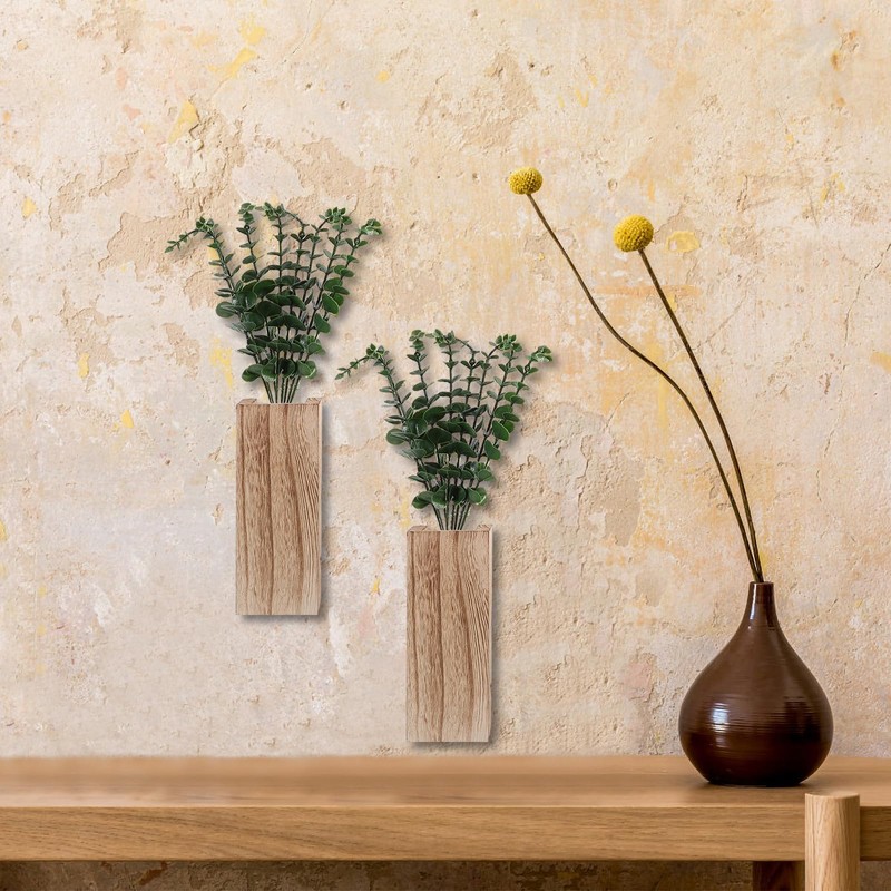 Luxshiny Wood Wall Planters with Artificial Eucalyptus, 2pcs Modern Farmhouse