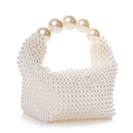 Abvokury Women Pearl Beaded Clutch Handle Bag Evening HandBag for Wedding Party, White With Pearl