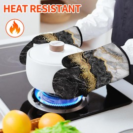 Black Gold Oven Mitts and Pot Holders Sets Marble Kitchen Accessories of 4 Heat Resistant Oven Gloves Hot Pads with Non-Slip Silicone Surface for Chef Cooking Baking