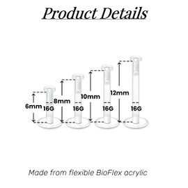 FECTAS 20PCS 16G Plastic Stud Earrings, Clear Bioflex Cartilage Helix Daith Rook Tragus Lip Labret Medusa Monroe Piercing Retainers for Surgery, Work, Sports, 6/8/10/12mm