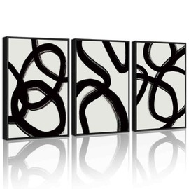 KUVIOKE Black and Grey Abstract Framed Wall Art Ink Wash Minimalist Lines Painting Artwork for Bedroom Hallway 12x16in (Black Framed)