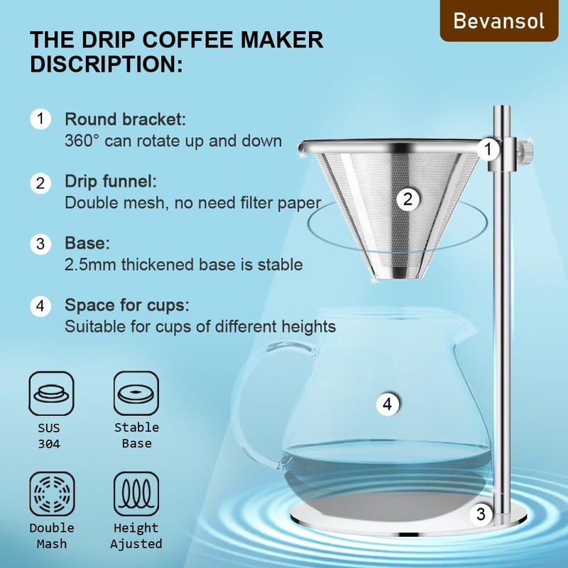 Bevansol Adjustable Stainless Steel Coffee Dripper Stand for Pour Over