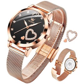 OLEVS Rose Gold Watches for Women Black Face Diamond Watches Easy to Read Thin Wrist Ladies Watches with Stainless Steel Mesh Band Elegant Waterproof Women's Analog Quartz Watches Reloj para Mujer