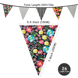 Black Fabric Bunting Banner, 10M 26pcs Beautiful Floral Bunting Flags Garden Bunting, Vintage Fabric Bunting for Party Birthday, Afternoon Tea, Easter and Mothers Day Decorations
