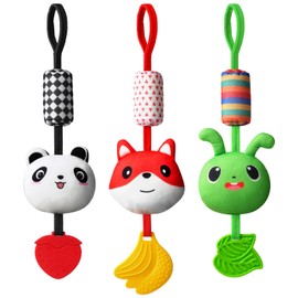 Aolso Pram Toy, 3 Pieces Hanging Rattle Toy, Toy with Colour Contrast, Baby Hanging Toy, Newborn Car Seat Toy for Boys and Girls (Panda/Fox/Greenworm)