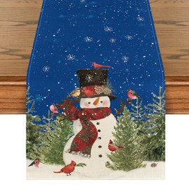 Artoid Mode Blue Snowman Birds Trees Christmas Table Runner Seasonal Winter Kitchen Table Decoration Indoor Holiday Party Decor 40 x 300 cm