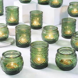 36 Pcs Green Votive Candle Holders Bulk- Assorted Glass Tea Lights Candle Holders, Green Candle Holders, Tea Candle Holders for Christmas, Tea Party, Fall Wedding, Bridal Shower Table Centerpieces