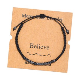 RINTOLER Morse Code Bracelets for Women Men Funny Inspirational Gifts for Best Friends, Motivational Bracelets, Inspirational Jewelry, Adjustable Black Silk Beaded Stretch Bracelets for Women (Believe)