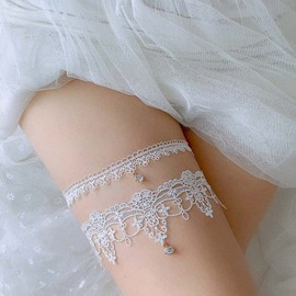 MWOOT Bridal Garter White, Two Piece Bridal Garter for Bride Wedding Party, Elastic Garter for Bride for Hen Party, JGA Gift, Bridal Wedding Dresses Accessories, White
