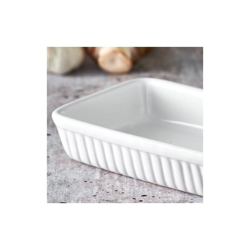 Rectangular Roasting Dish 17.5x5.5x11.5cm White Ribbed Ceramic 18cm Oven Baking