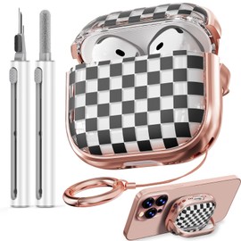with Safety Lock for AirPods 4 Case 2024, TPU Clear AirPod 4th Generation Case,Air Pod 4 Cases for Women Girly, AirPods 4 with Active Noise Cancellation Cases with Cleaner Kit - Checkerboard