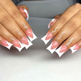 Duck Press on Nails White French Tip Fake Nails Duckbill Shape Designs Glue on Nails Pink Full Cover False Nails Glossy Acrylic Nails Cute Duck Nails Press ons for Girls 24Pcs