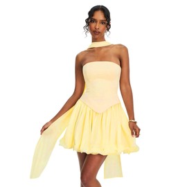 PUXIU Women's Chiffon Strapless Drop Waist Homecoming Dresses with Scarf A Line Flare Skirt Mini Cocktail Party Dressse for Teens Yellow US4