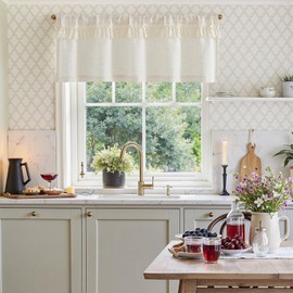 TOPICK Boho Valance with Tassels Linen Blend Kitchen Valance Curtain for Windows 18 Inch Beige Farmhouse Rustic Small Window Treatment for Living Room Laundry RV Light Filtering Back Tab 1 Panel Crude