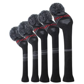Golf Head Covers for Woods 5 PCS Knit Golf Club Cover Driver Cover*1 Fairway Wood*2 Hybrid (UT)*2 Old-school Style, Big Pom-poms, Best Gift for Golfers (Grey Red Black)