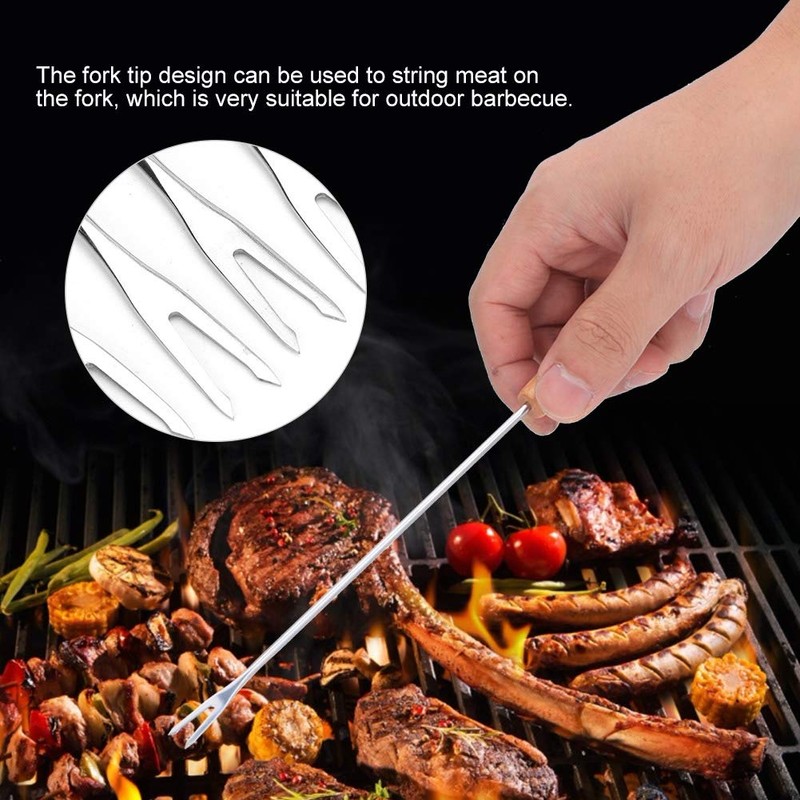 12-Piece Stainless Steel Barbecue Fork Skewer Set with Wooden Handle,