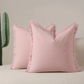 Set of 2 Decorative Linen Fringed Throw Pillow Cover, Cozy Boho Cushion Covers with Tassel Soft Washed Cotton Pillowcase Cushion for Couch Sofa Farmhouse Living Room Bed Natural Home Decor 18x18 Inch