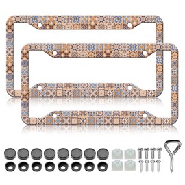 HCSS 2PCS Mexican Tiles License Plate Frames, Retro Boho Aluminum Metal License Plate Holder Covers Car Accessory, Rust-Proof Waterproof Car Decorative Tag Frames for Standard US 12x6 Inch