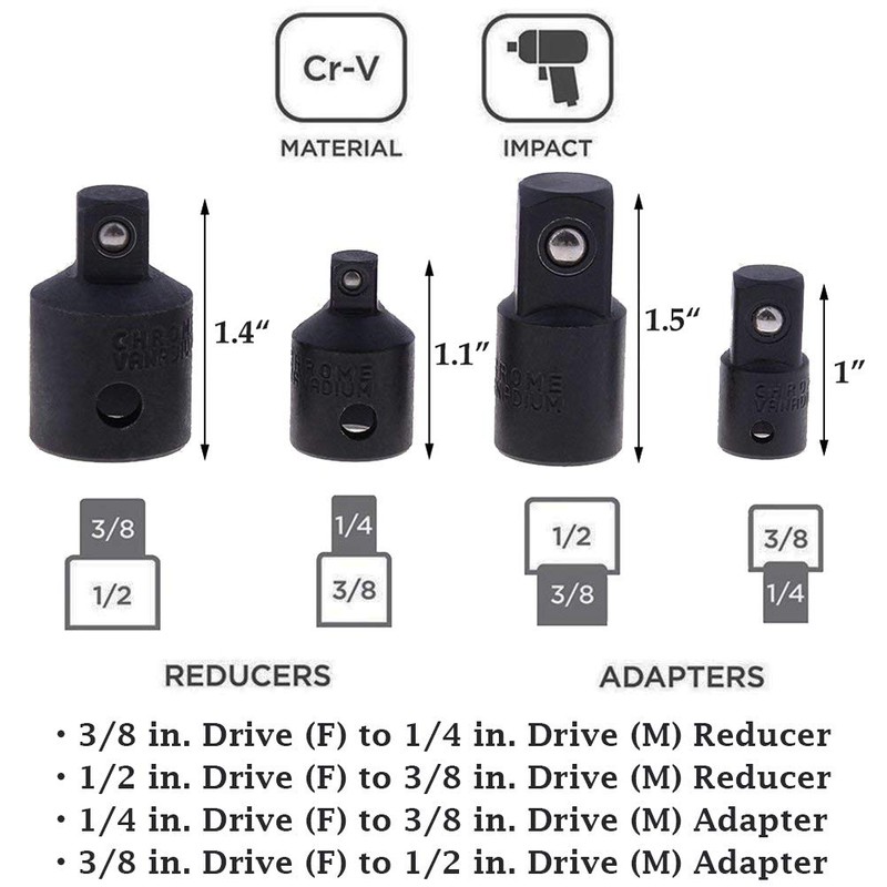 Gasea 8pcs 1/4", 3/8",1/2" Extension Socket Adapter Set and 4pcs