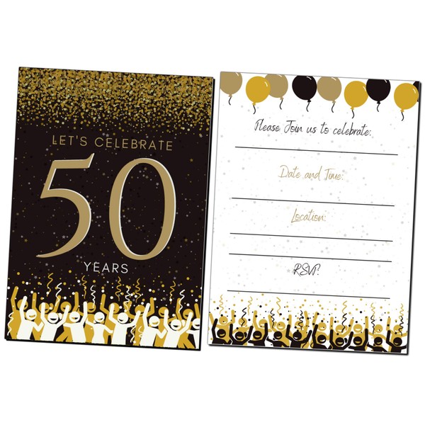 Elcer 50th Birthday Party Invitations| 50 Years | Happy 50 Anniversary | Black and Gold | Confetti Streamers Party Invitations | Fill In Style | 20 Count with Envelopes | Surprise Party (Black)