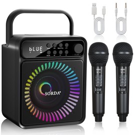 SORDA Karaoke Machine, Portable Bluetooth Speaker with 2 Wireless Microphones for Adults & Kids, Support USB/AUX, PA System with Party Lights & EQ for Outdoor/Indoor Gathering (Black)