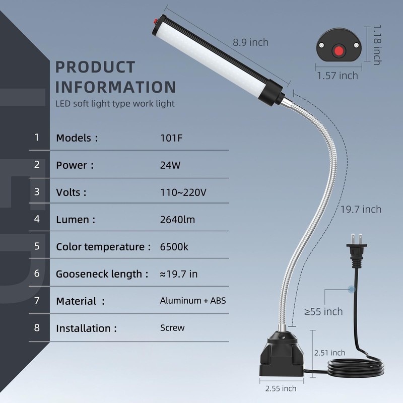 24W LED Work Light, 2400Lumen FlexibleGooseneck Work Light with Screw