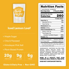 Oats Overnight Iced Lemon Loaf - Overnight Oats with 20g Plant-Based Protein, High Fiber Breakfast Protein Shake - Vegan, Gluten Free Oatmeal, Non GMO High Protein Oatmeal (2.4 oz per Meal) (16 Pack)